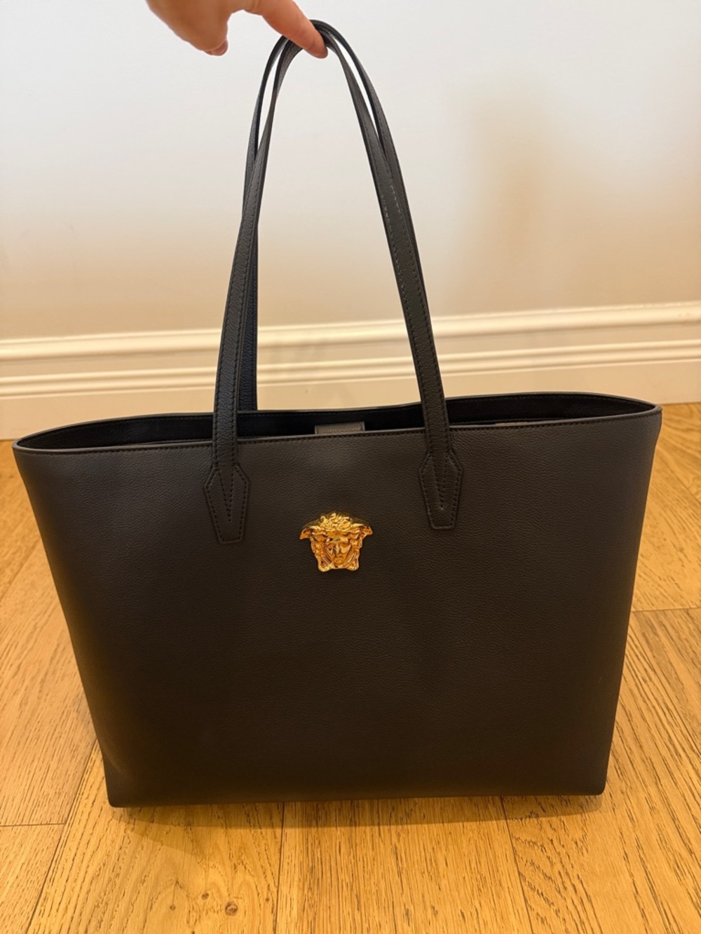 Versace Black Leather Tote with Gold Medusa Emblem